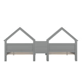 Double Twin Size Platform Bed with House-shaped Headboard and a Built-in Nightstand  Grey