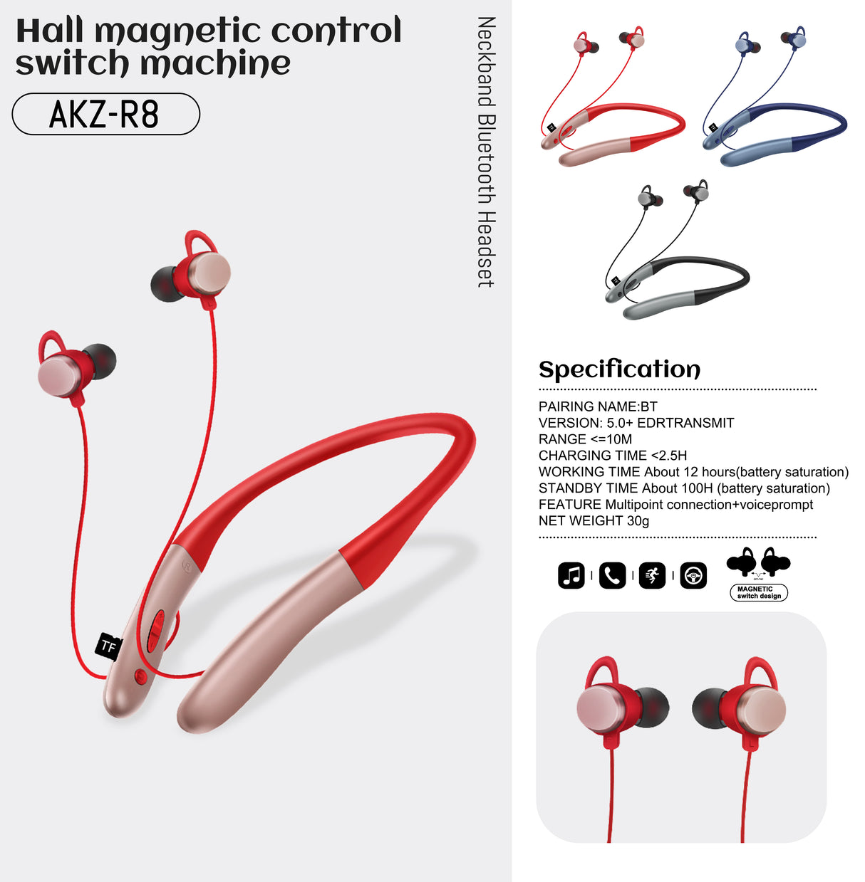 AKZ-R8 New Private Model Wireless Bluetooth Headset 5.0 Hanging Neck Sports Hall Magnetic Switch Stereo Headset