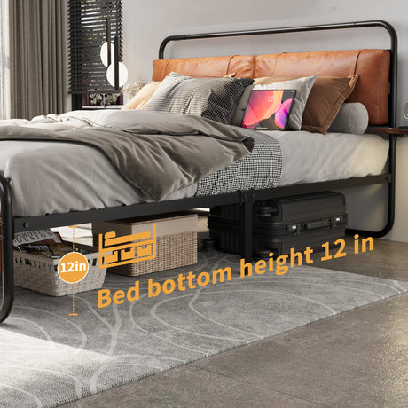 King Size Metal Bed Frame with Upholstered Headboard, with wireless charging and USB A & USB C, Touch LED light Vintage Brown - V.I.P Digital Presence