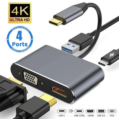 USB C Hub 4 in 1 Type C 3.0 Adapter to 4K HDMI VGA PD Fast Charge Splitter Docking Station Hub for Phone MacBook Laptop Computer - V.I.P Digital Presence