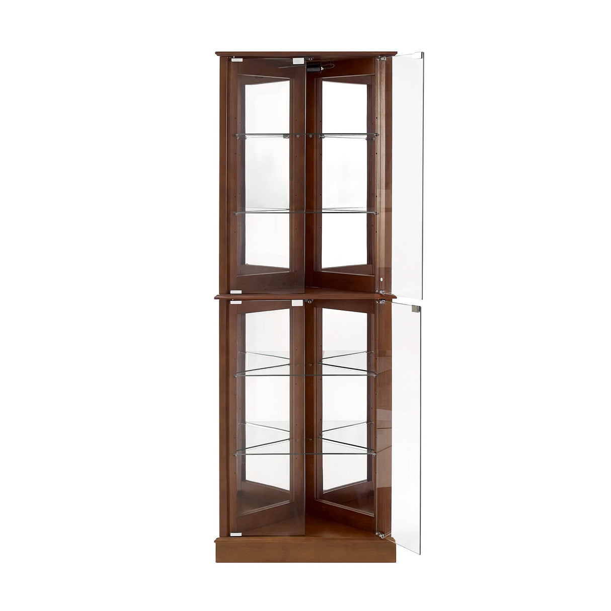 Corner Curio Dispaly Cabinet with Lights, Adjustable Tempered Glass Shelves, Mirrored Back,Walnut(E26 light bulb not included) - V.I.P Digital Presence