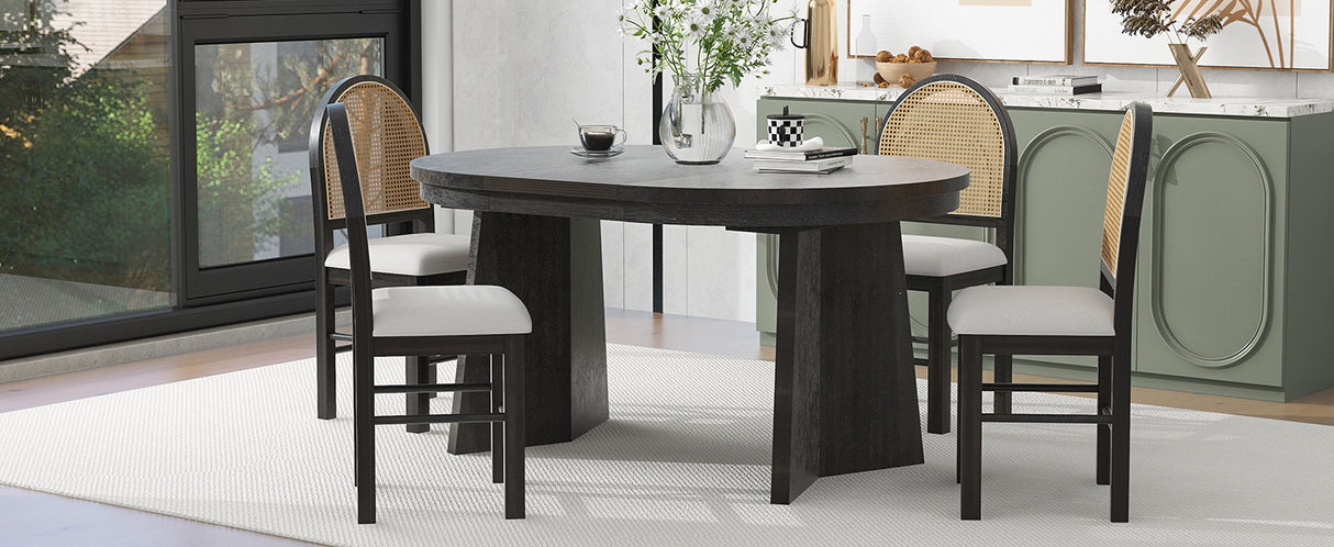 TREXM 5-piece retro functional cutlery set with 1 expandable dining table and 4 cushioned chairs with rattan backrests (espresso - V.I.P Digital Presence