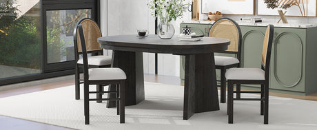 TREXM 5-piece retro functional cutlery set with 1 expandable dining table and 4 cushioned chairs with rattan backrests (espresso - V.I.P Digital Presence