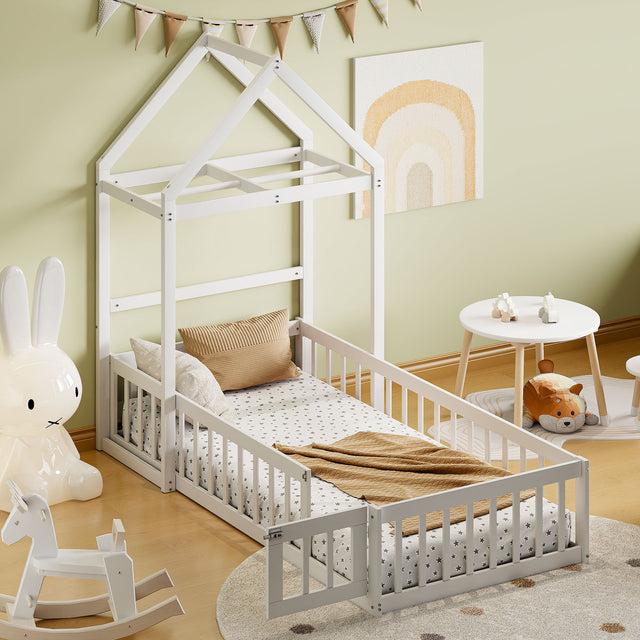 Wooden Twin Size Children's Bed with Detachable Headboard and Integrated Clothes Drying Rack, White - V.I.P Digital Presence