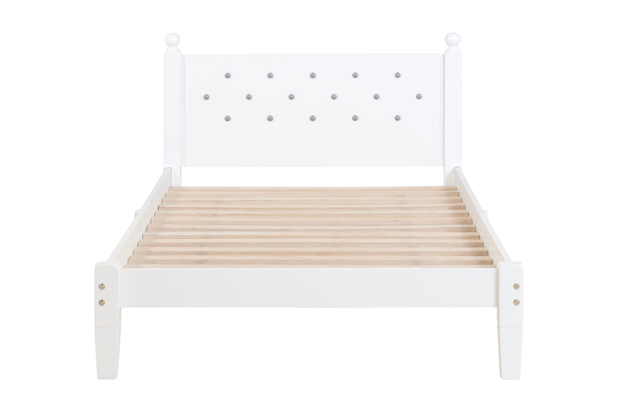 Twin Bed with Button-Decoration Headboard, with Bed Slats,White - V.I.P Digital Presence
