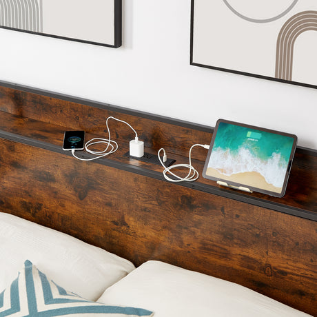 Bed frame with charging station full size, Rustic Brown, 83.1'' L x 56.1'' W x 39'' H - V.I.P Digital Presence