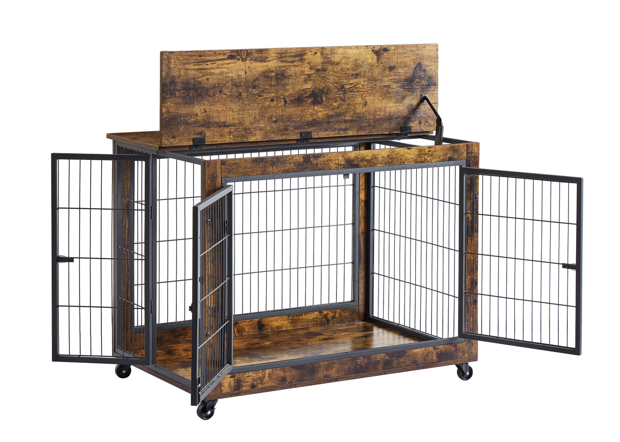 Furniture Dog Cage Crate with Double Doors, Rustic Brown, 38.58'' W x 25.2'' D x 27.17'' H - V.I.P Digital Presence