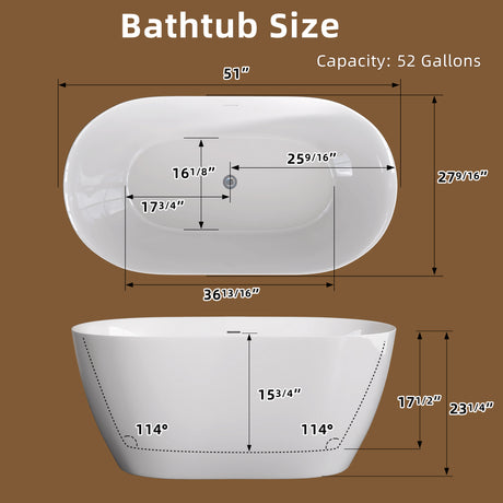 51 Inch Acrylic Freestanding Bathtub Contemporary Soaking White Tub with Overflow and Pop-up Drain Glossy White - V.I.P Digital Presence