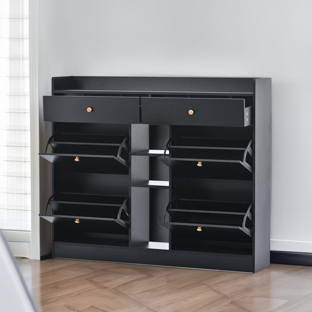 ONTREND modern shoe cabinet with 4 flipped drawers, multifunctional double-layer shoe storage with drawers, black. - V.I.P Digital Presence