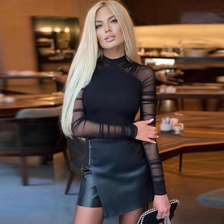 Round neck mesh see through slim fit sexy long sleeved trendy hot girl jumpsuit - V.I.P Digital Presence