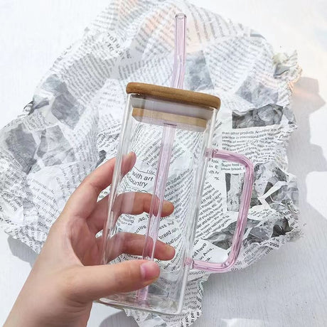 Square colored handle cup glass straw cup with lid milk tea cup with large capacity - V.I.P Digital Presence