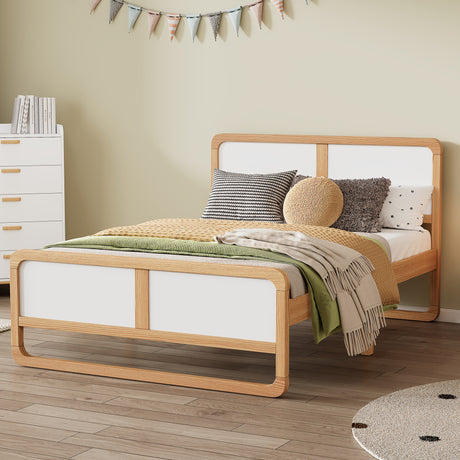 Modern Style Queen Size Solid Wood Platform Bed for Kids, Teens, Adults, No Need Box Spring, Walnut and White - V.I.P Digital Presence