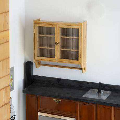 24.8 '' Glass door retro double door wall cabinet with three levels of storage space with towel rack, original wood color - V.I.P Digital Presence