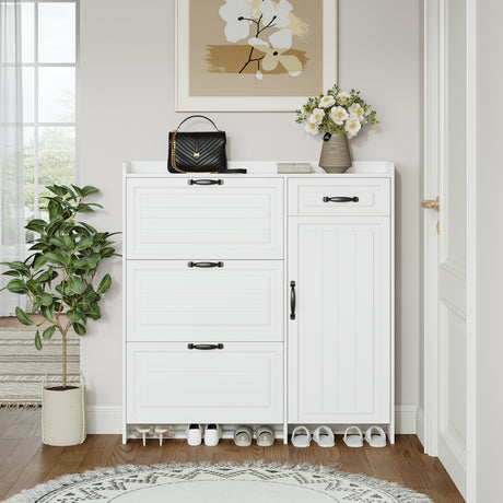 White color shoe cabinet with 4 doors 1 drawers,PVC door with shape ,large space for storage - V.I.P Digital Presence