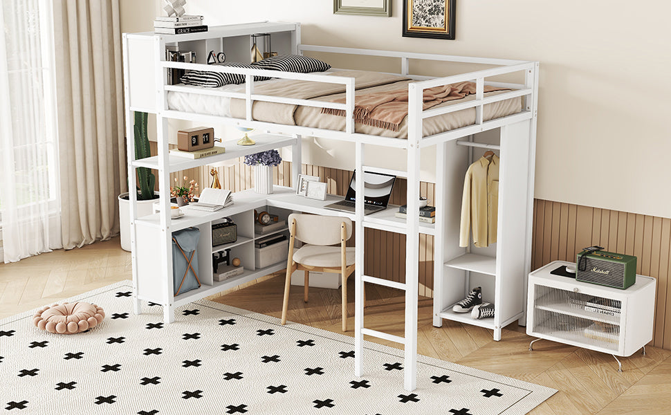 Metal loft bed with wardrobe and L-shaped desk, full-size loft bed with storage cabinet and shelf, white - V.I.P Digital Presence