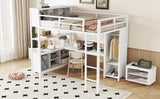 Metal loft bed with wardrobe and L-shaped desk, full-size loft bed with storage cabinet and shelf, white - V.I.P Digital Presence