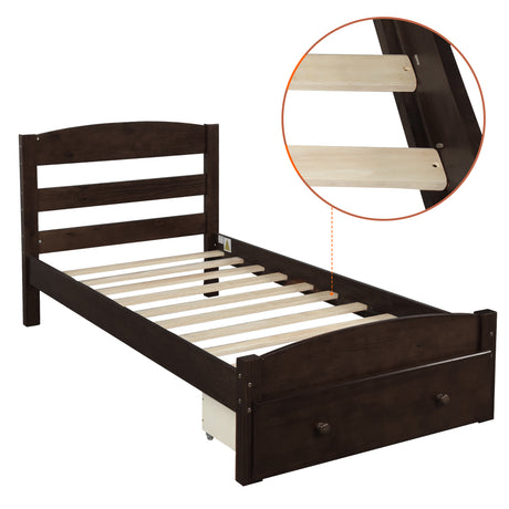 Platform Twin Bed Frame with Storage Drawer and Wood Slat Support No Box Spring Needed Espresso - V.I.P Digital Presence