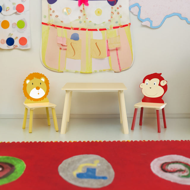 Kids Table and 2 Chairs Set 3 Pieces Toddler Table and Chair Set Wooden Activity Play Table Set (Lion&Monkey) - V.I.P Digital Presence