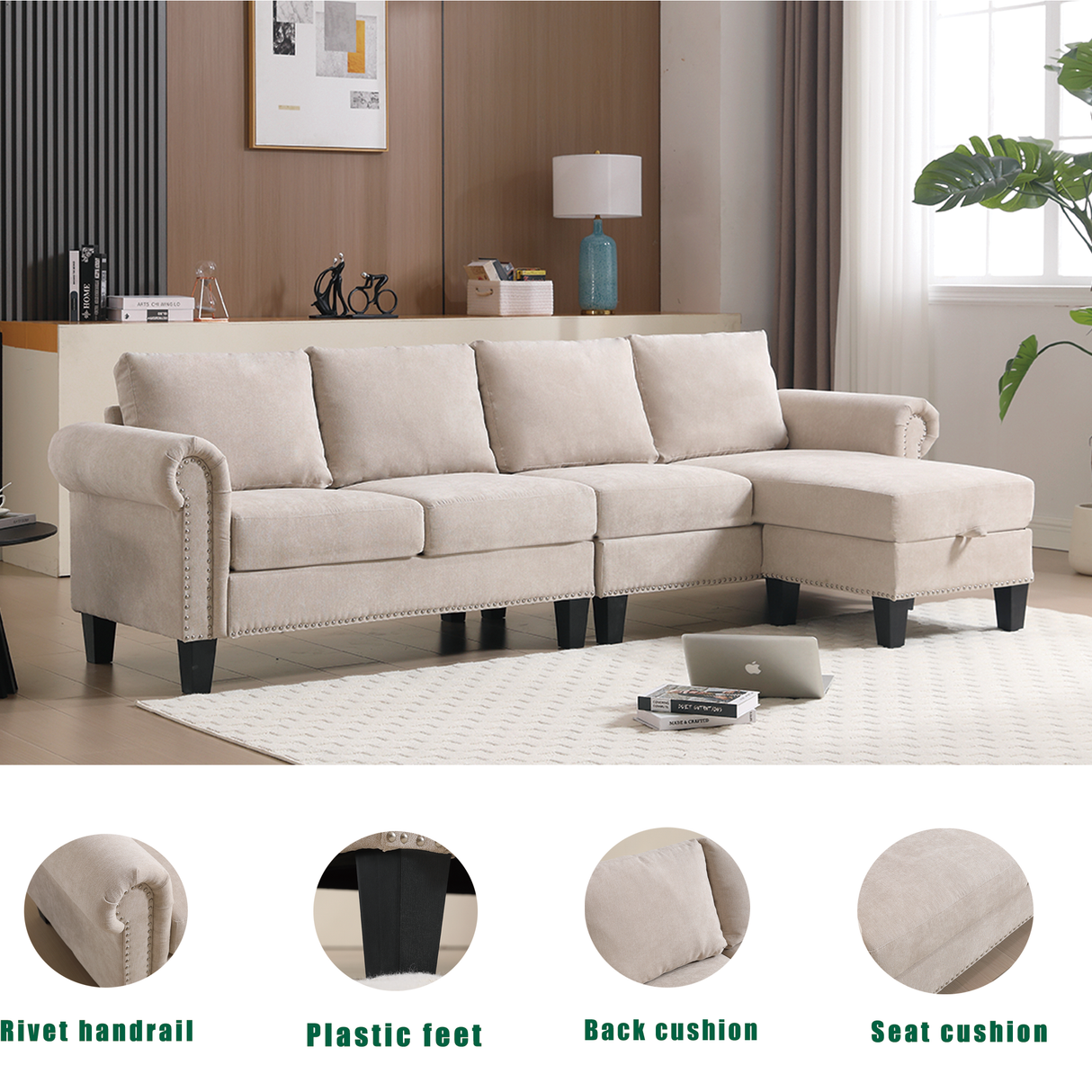 Convertible Sectional Sofa with Storage,L-shaped sofa,Four-seater sofa,Modern Linen Fabric Sectional Couches Beige - V.I.P Digital Presence