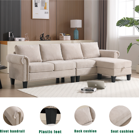 Convertible Sectional Sofa with Storage,L-shaped sofa,Four-seater sofa,Modern Linen Fabric Sectional Couches Beige - V.I.P Digital Presence