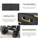 70 inch classic and traditional executive desk with metal trim, writing desk with 2 file drawers, USB ports, and sockets, black - V.I.P Digital Presence