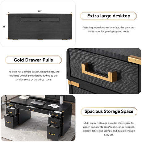 70 inch classic and traditional executive desk with metal trim, writing desk with 2 file drawers, USB ports, and sockets, black - V.I.P Digital Presence