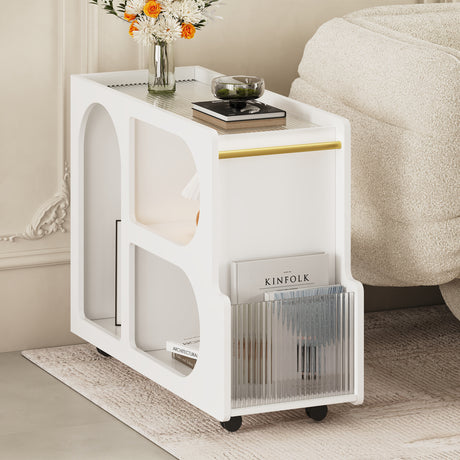 Stylish mobile desk with lockable wheels, white bedside table with 5mm thick grooved tempered glass and gold round bars - V.I.P Digital Presence