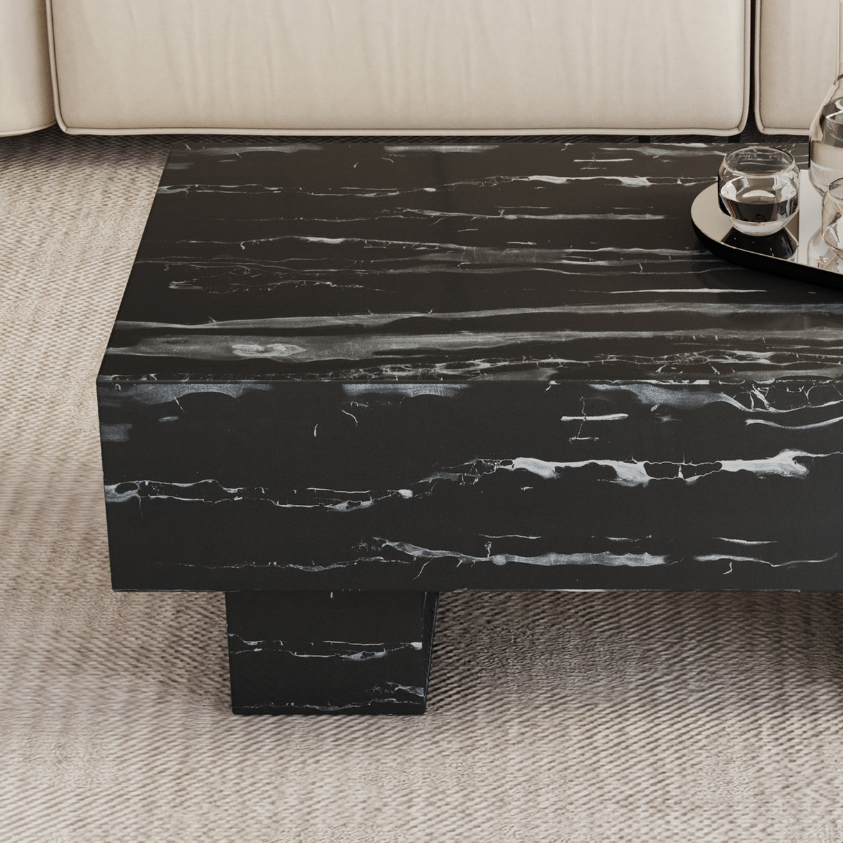 The black coffee table has patterns Modern rectangular table suitable for living rooms and apartments  43.3"*21.6"*17.2"