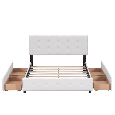 Upholstered Platform Bed with Classic Headboard and 4 Drawers No Box Spring Needed Linen Fabric Queen Size White - V.I.P Digital Presence
