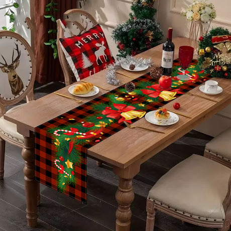New Christmas table flag white linen bell printed tablecloth red and black checkered home decoration tablecloth pad - V.I.P Digital Presence