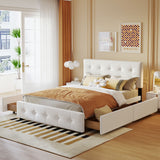 Upholstered Platform Bed with Classic Headboard and 4 Drawers No Box Spring Needed Linen Fabric Queen Size White - V.I.P Digital Presence