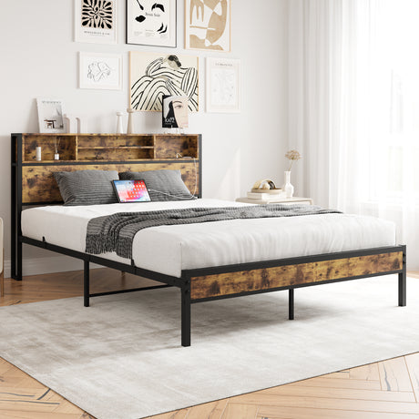 Queen Bed Frame with Storage Headboard Metal Platform Bed with Charging Station Bookcase Storage Black - V.I.P Digital Presence