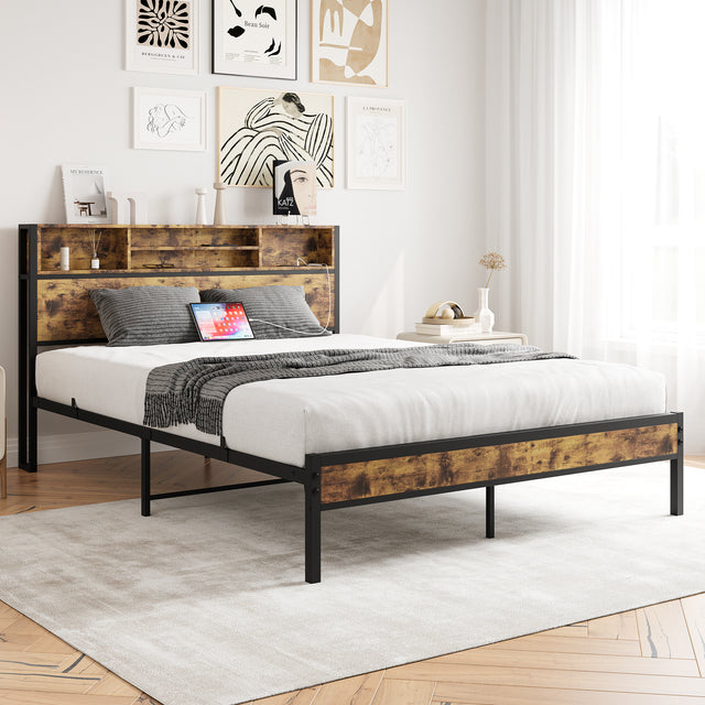 Queen Bed Frame with Storage Headboard Metal Platform Bed with Charging Station Bookcase Storage Black - V.I.P Digital Presence