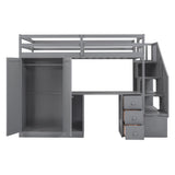 Twin Size Loft Bed with Wardrobe and Staircase  Desk and Storage Drawers and Cabinet in 1 Gray
