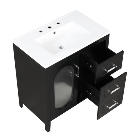 30" Bathroom Vanity with Sink, Bathroom Vanity Cabinet with Two Drawers and Door, Adjustable Shelf, Solid Wood and MDF, Black - V.I.P Digital Presence