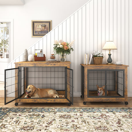 Furniture Dog Cage Crate with Double Doors, Rustic Brown, 38.58'' W x 25.2'' D x 27.17'' H - V.I.P Digital Presence