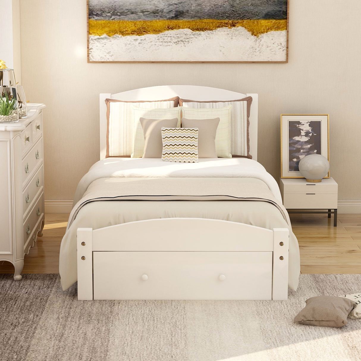 Platform Twin Bed Frame with Storage Drawer and Wood Slat Support No Box Spring Needed White - V.I.P Digital Presence