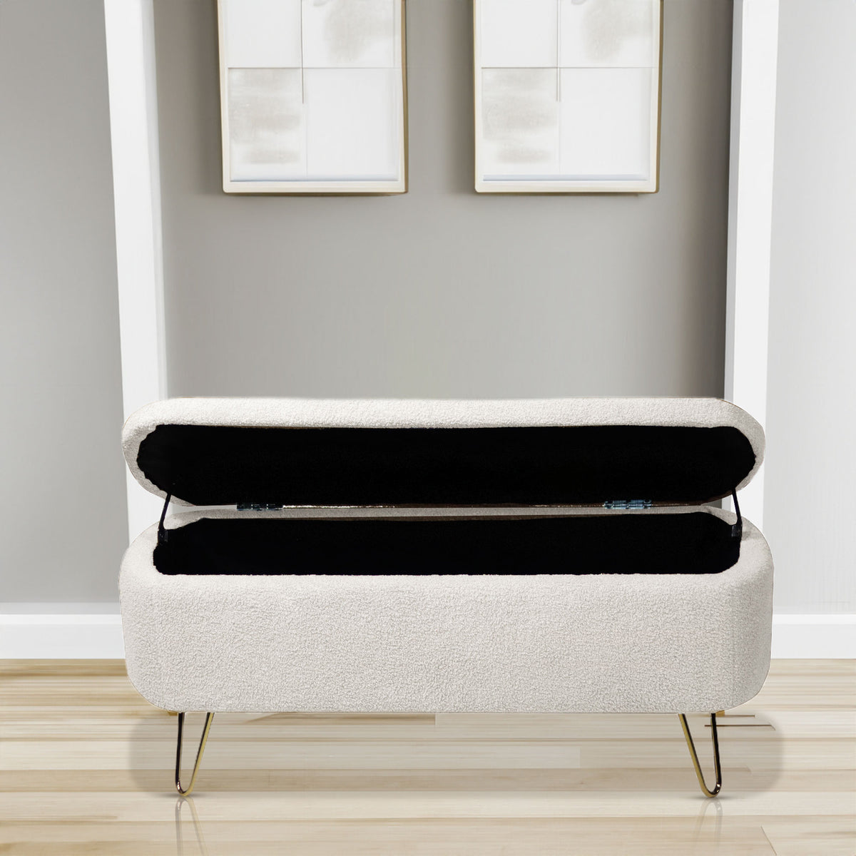 Ivory White Storage Ottoman Bench for End of Bed Gold Legs - V.I.P Digital Presence