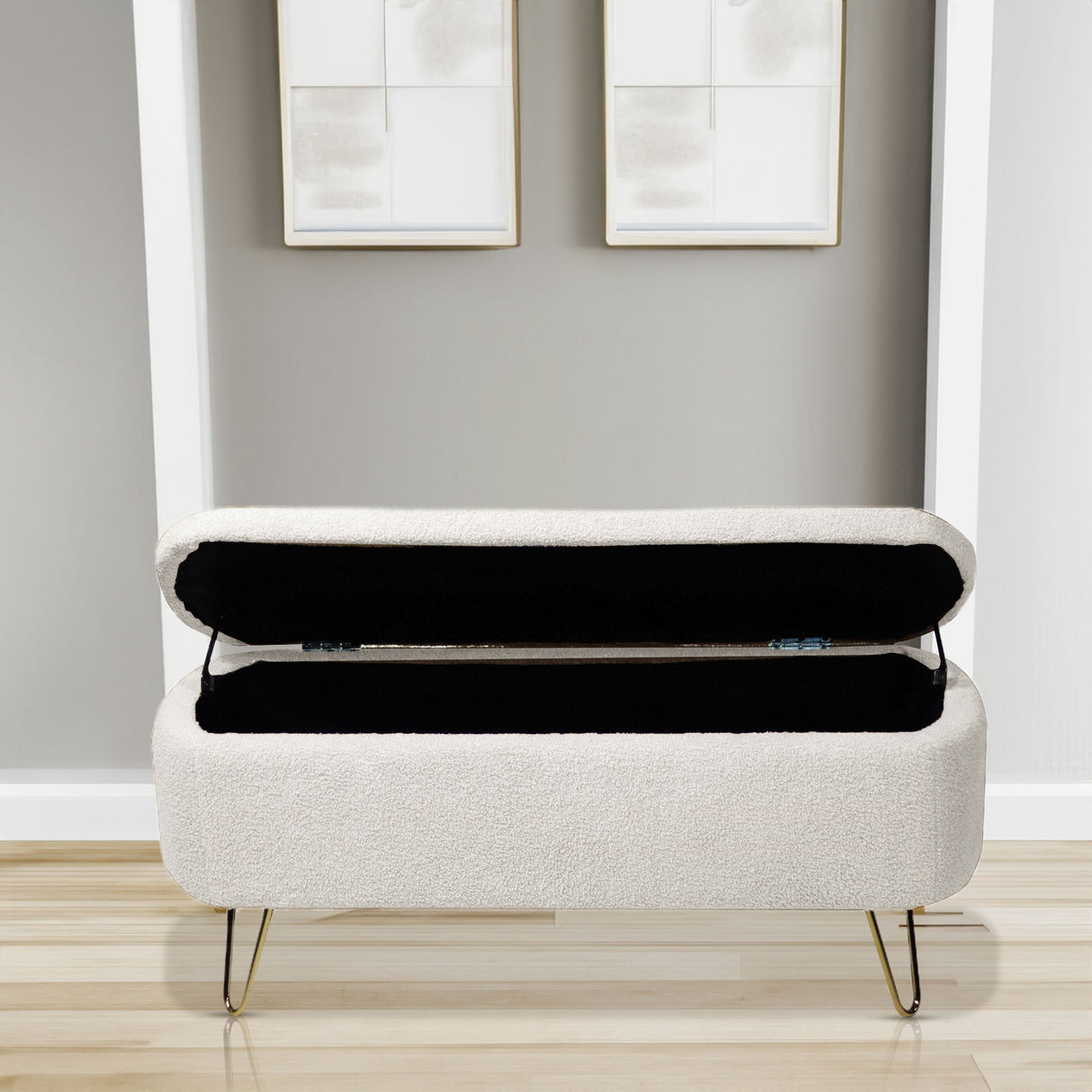 Ivory White Storage Ottoman Bench for End of Bed Gold Legs - V.I.P Digital Presence