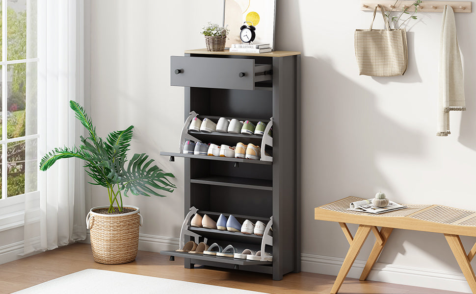 ONTREND functional with 2 flipped drawers, top shoe cabinet with adjustable panel, independent shoe rack, gray - V.I.P Digital Presence