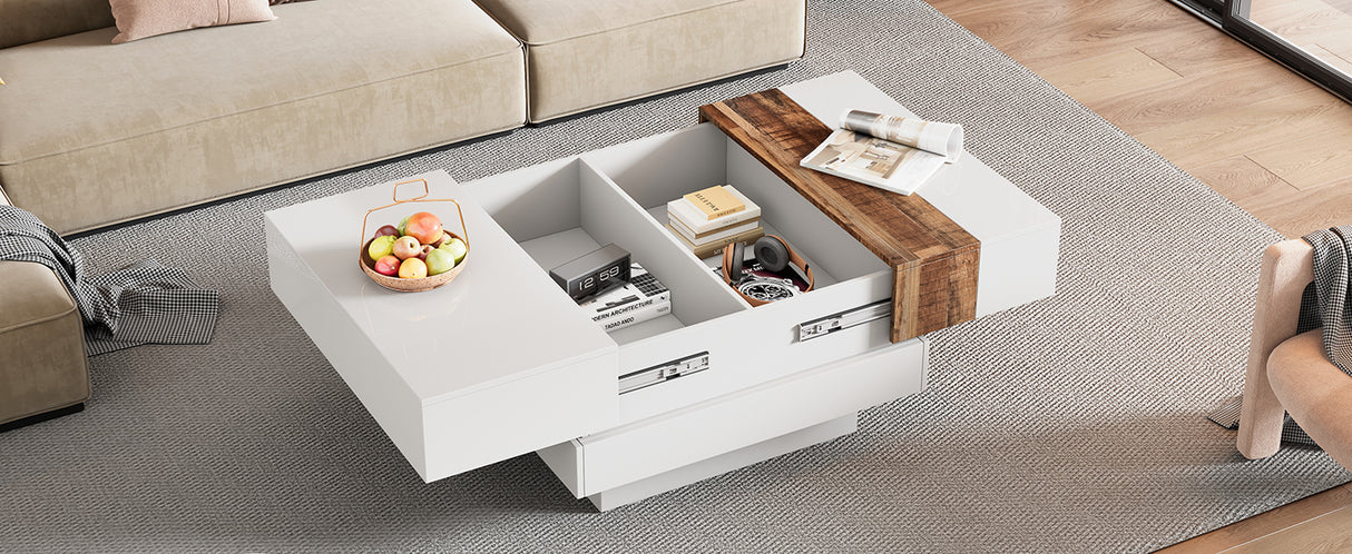 ON-TRANS 31.4 inches x 31.4 inches with sliding tabletop, high gloss center table, hidden storage room white - V.I.P Digital Presence