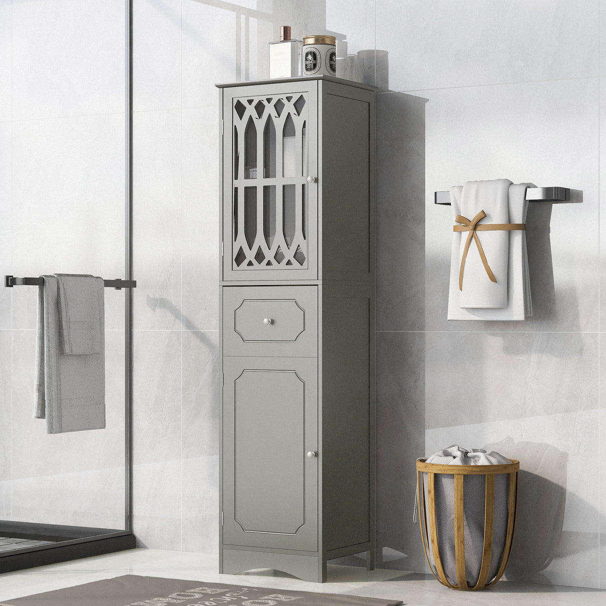 Tall Bathroom Cabinet, Freestanding Storage Cabinet with Drawer and Doors, MDF Board, Acrylic Door, Adjustable Shelf, Grey - V.I.P Digital Presence