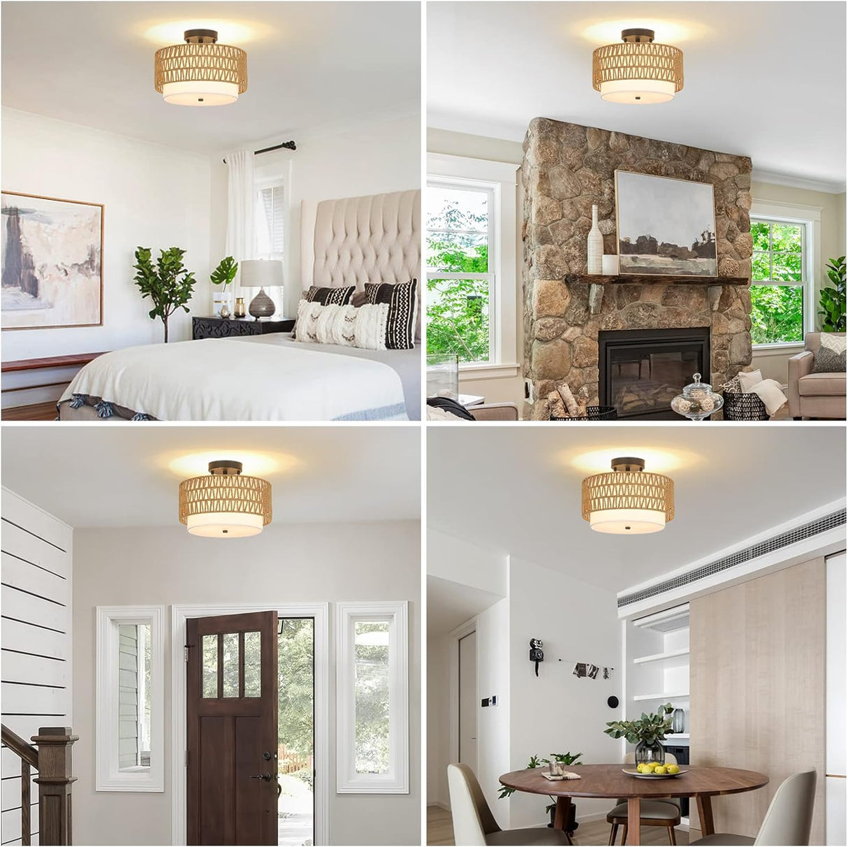 3-Light Semi Flush Mount Ceiling Light Fixture, Boho Rattan Light Fixtures Ceiling, Farmhouse Drum Light with Fabric Shade - V.I.P Digital Presence