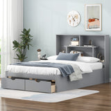 Full Size Platform Bed with Storage Headboard and 2 Drawers, Gray - V.I.P Digital Presence