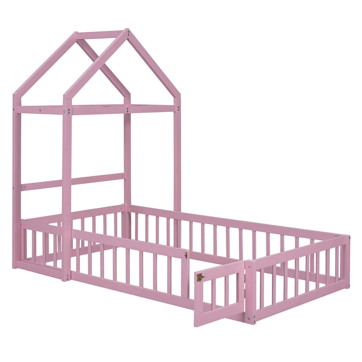 Wooden Twin Size Children's Bed with Detachable Headboard and Integrated Clothes Drying Rack, Pink - V.I.P Digital Presence