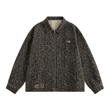 Leopard Print Denim Jacket   Style Men's Punk Spring and Autumn Loose Casual Washed Open Front Zipper Collar Outerwear - V.I.P Digital Presence