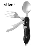 Vajilla de camping multifuncional de acero inoxidable, cuchillo, tenedor y cuchara, herramientas portátiles de supervivencia para comer al aire libre. 