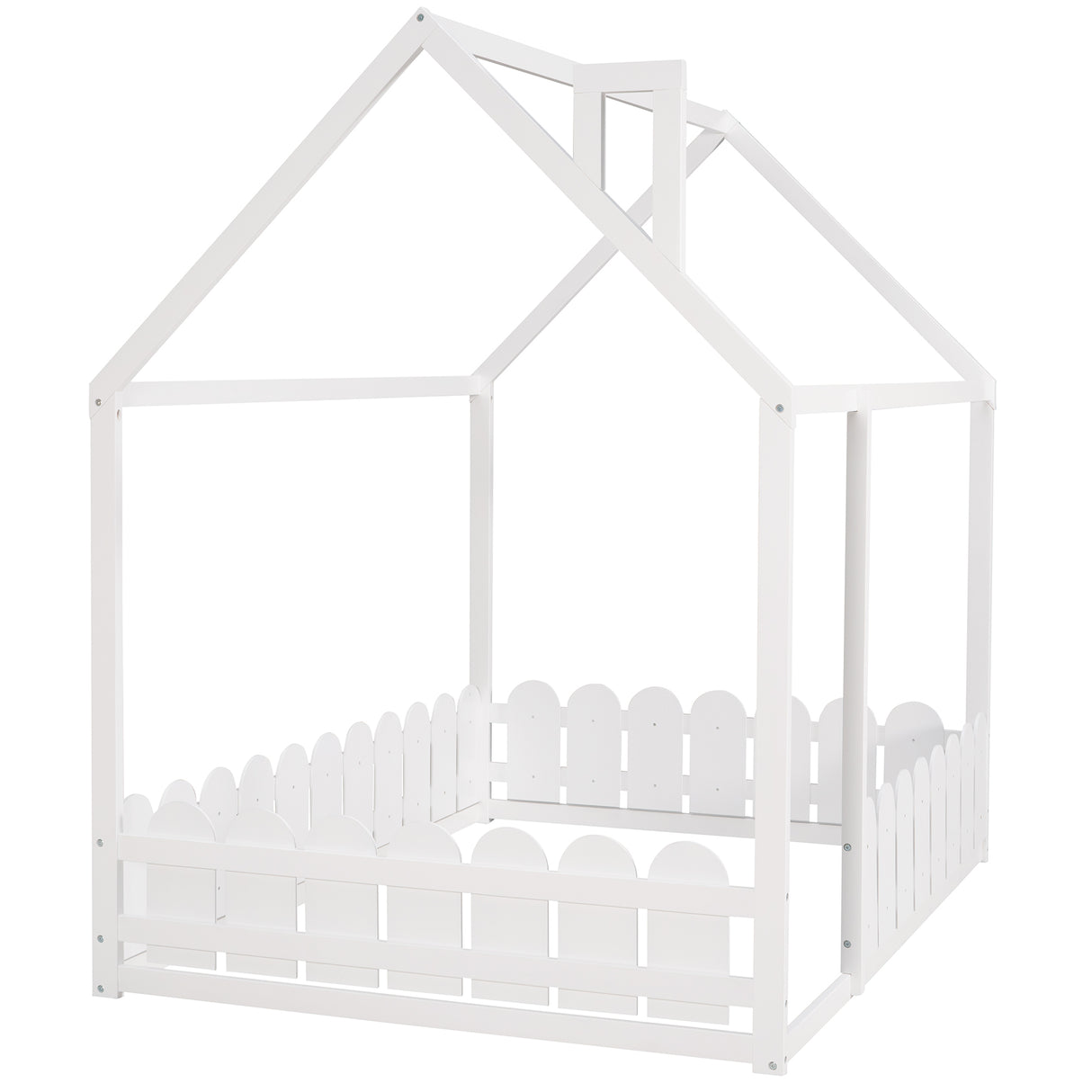 (Slats are not included) Full Size Wood Bed House Bed Frame with Fence for Kids Teens Girls Boys (White ) - V.I.P Digital Presence