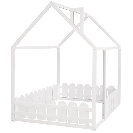 (Slats are not included) Full Size Wood Bed House Bed Frame with Fence for Kids Teens Girls Boys (White ) - V.I.P Digital Presence