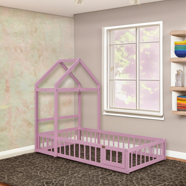 Wooden Twin Size Children's Bed with Detachable Headboard and Integrated Clothes Drying Rack, Pink - V.I.P Digital Presence